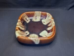 Mid-century Modern Square Ceramic Ashtray Brown Green Drip Glaze Vintage